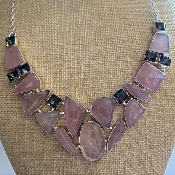 New Rose Quartz Stone w Mystic Topaz Cluster Statement Silver Overlay Necklace - Picture 3 of 13